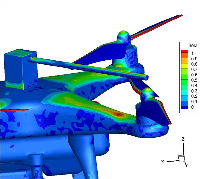 Mapa de cores da eficiência de coleta de gotas sobre um drone, calculada com CFD