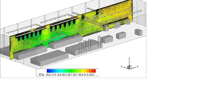 Distribuição de temperatura em um hangar climatizado, calculada com CFD